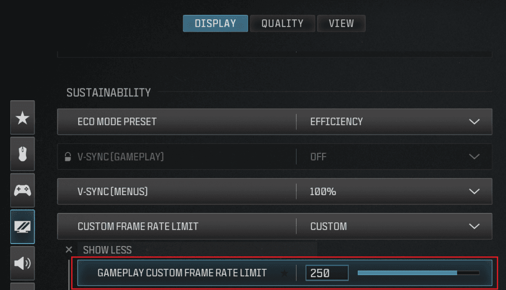 Call of Duty graphics menu showing the custom frame-rate limit option
