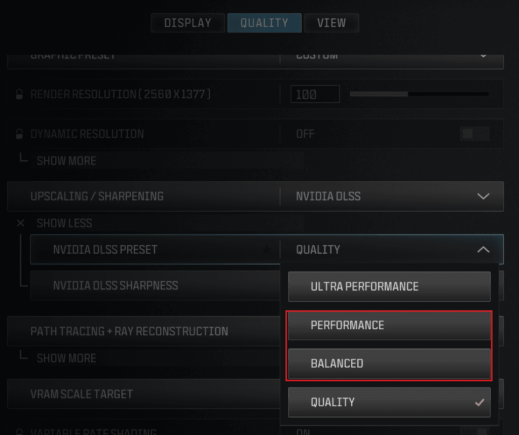 Call of Duty DLSS preset setting