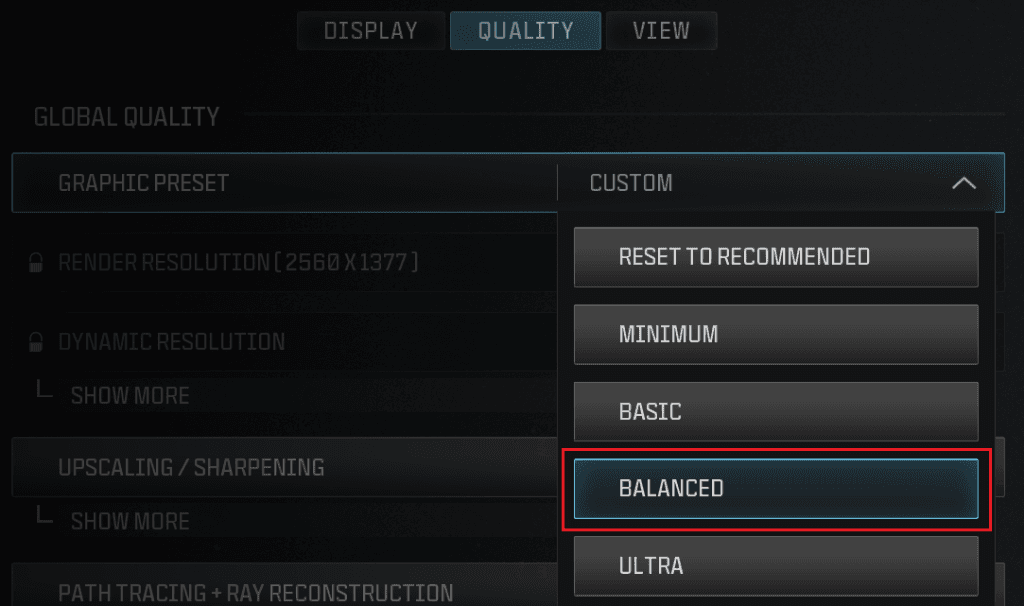 Call of Duty graphics preset set to Balanced